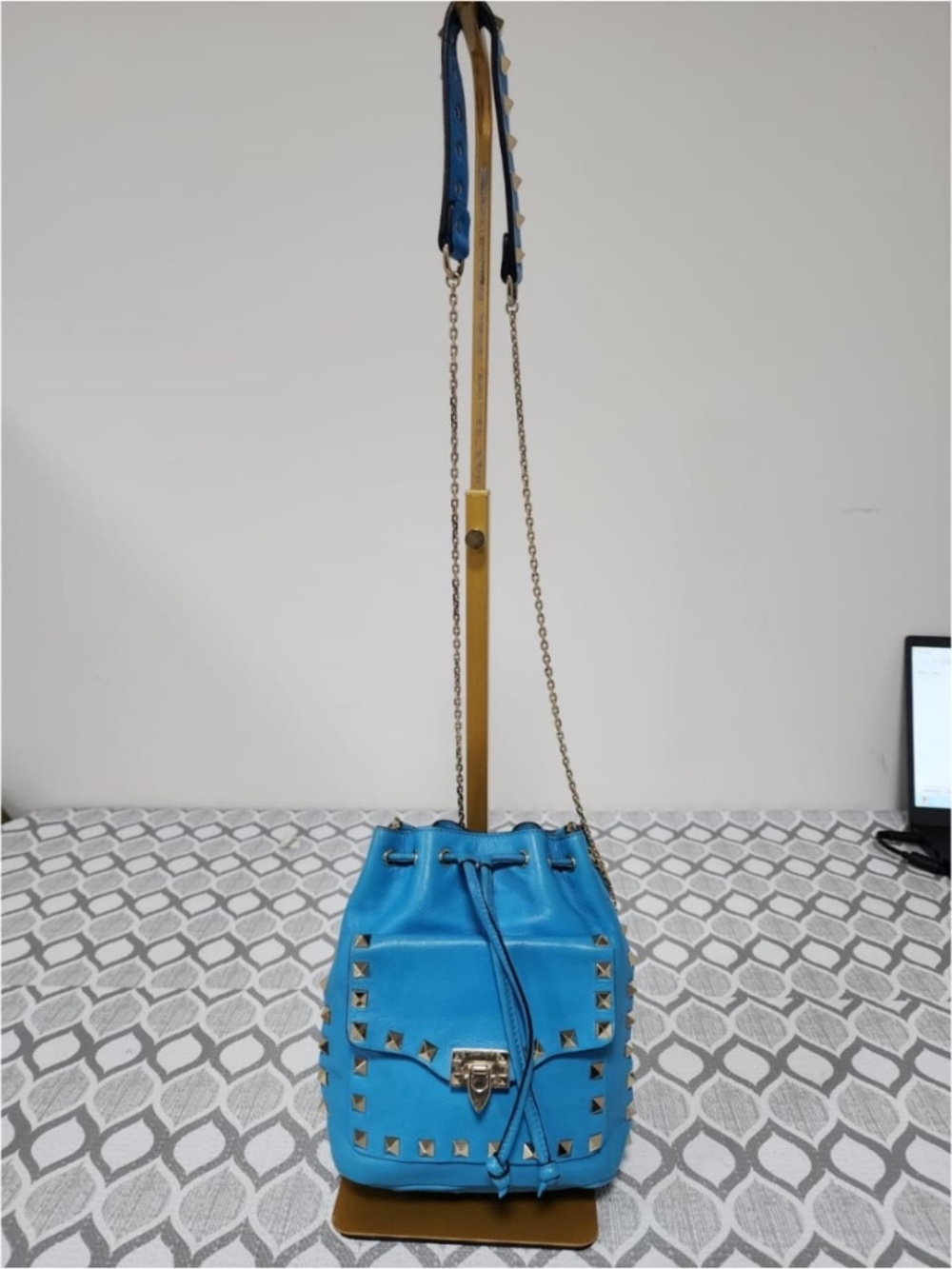 Authentic VALENTINO Leather Rockstud Mini Drawstring Bucket Bag Blue